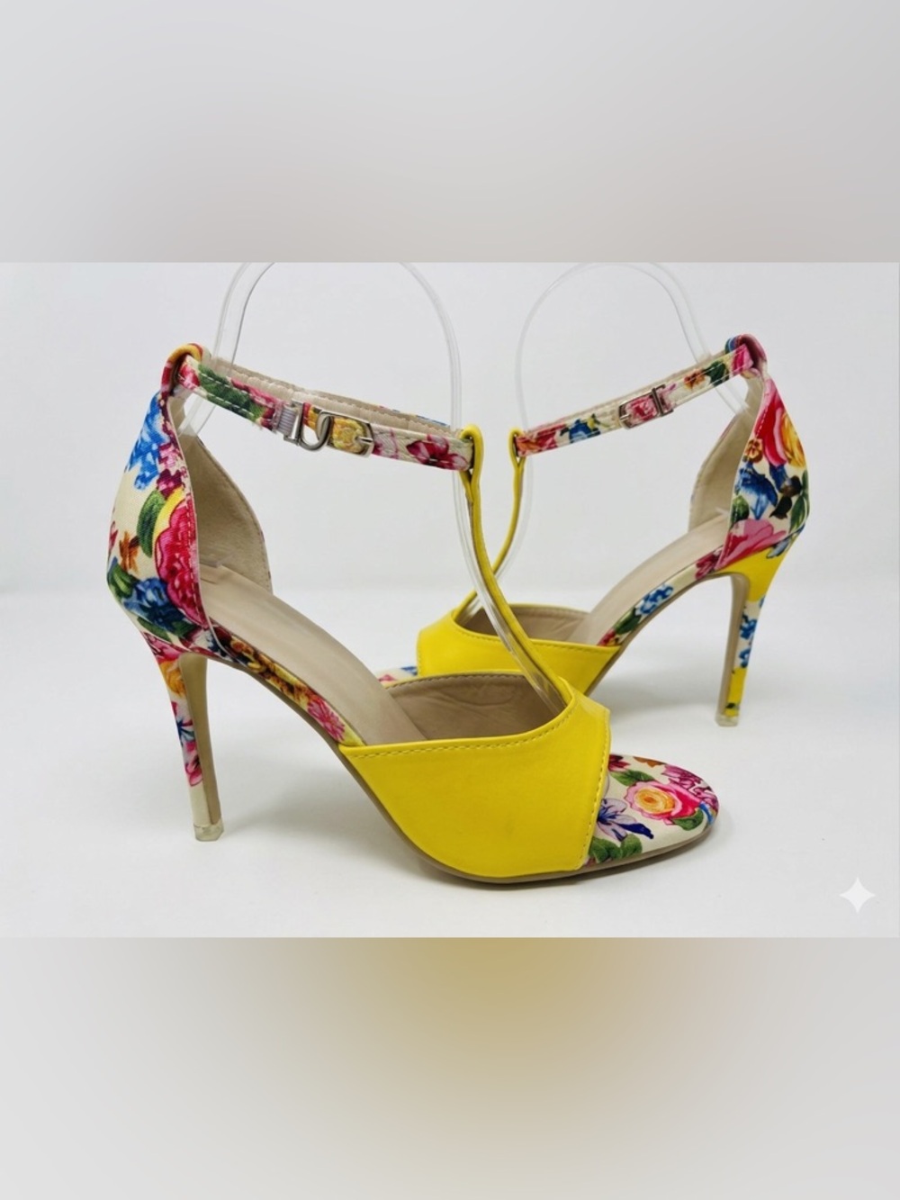 Vibrant Yellow Floral 10.5 T-Strap Stiletto Heels Open Toe Ankle Strap Sandals
